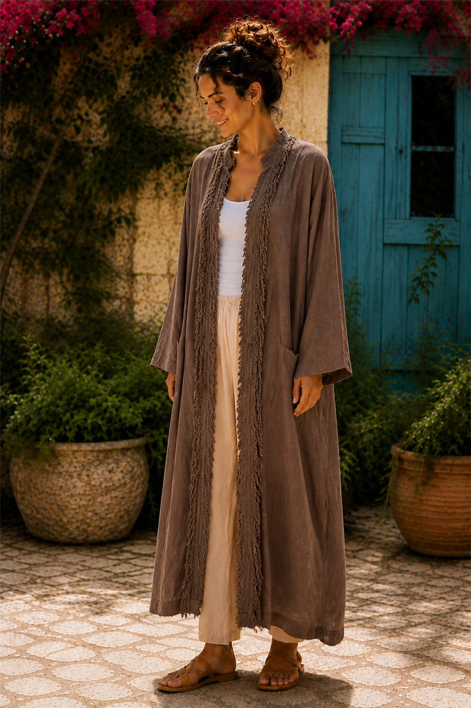 Kahverengi Bohem Püsküllü ve Cep Detaylı Keten Kaftan