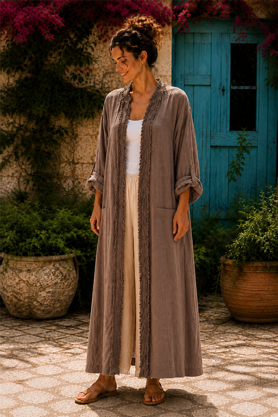 Kahverengi Bohem Püsküllü ve Cep Detaylı Keten Kaftan