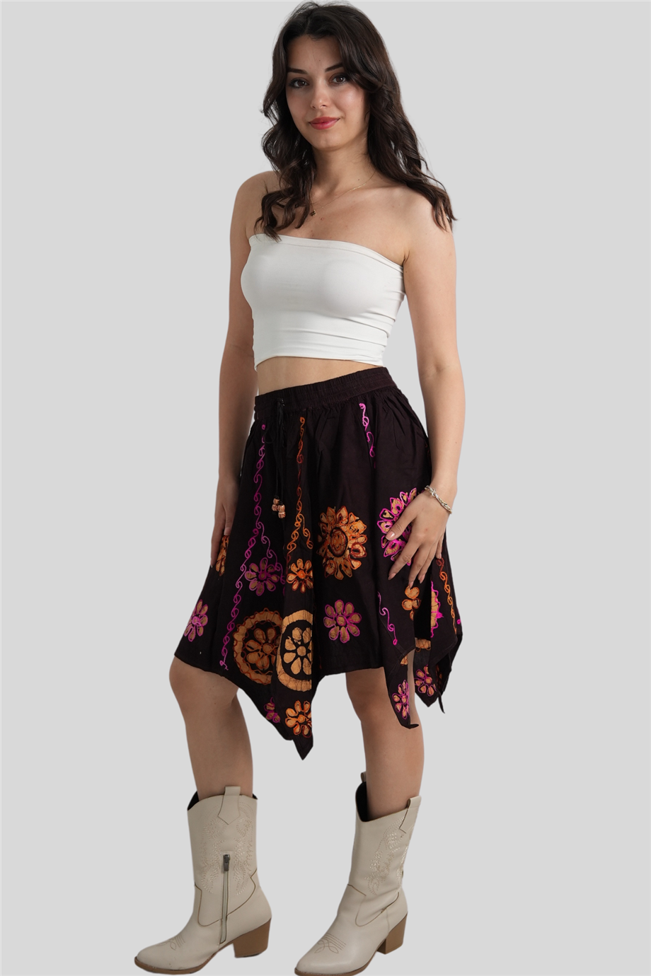 Kahverengi Çiçek Desenli Hint Etek