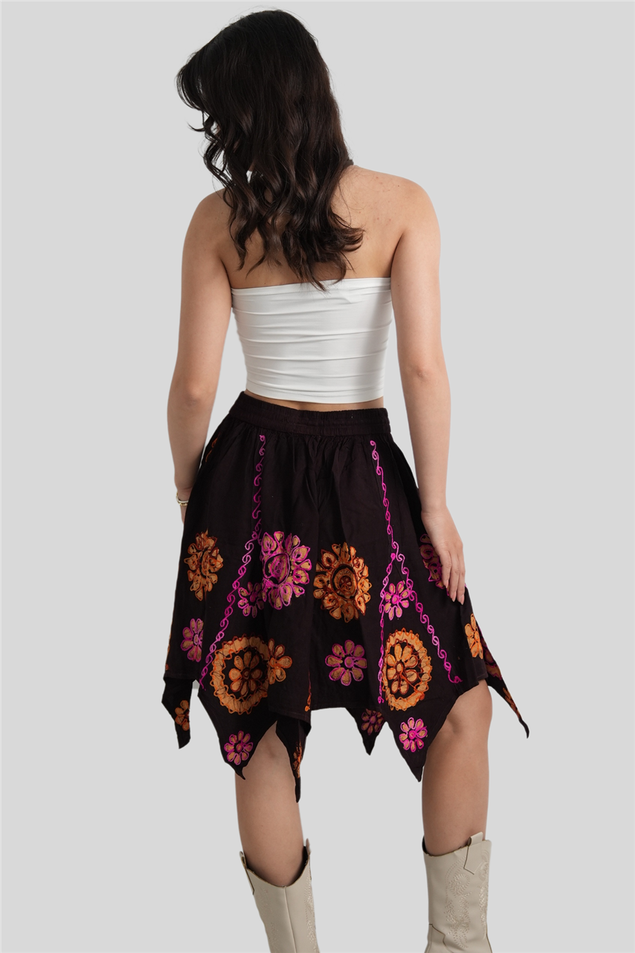 Kahverengi Çiçek Desenli Hint Etek