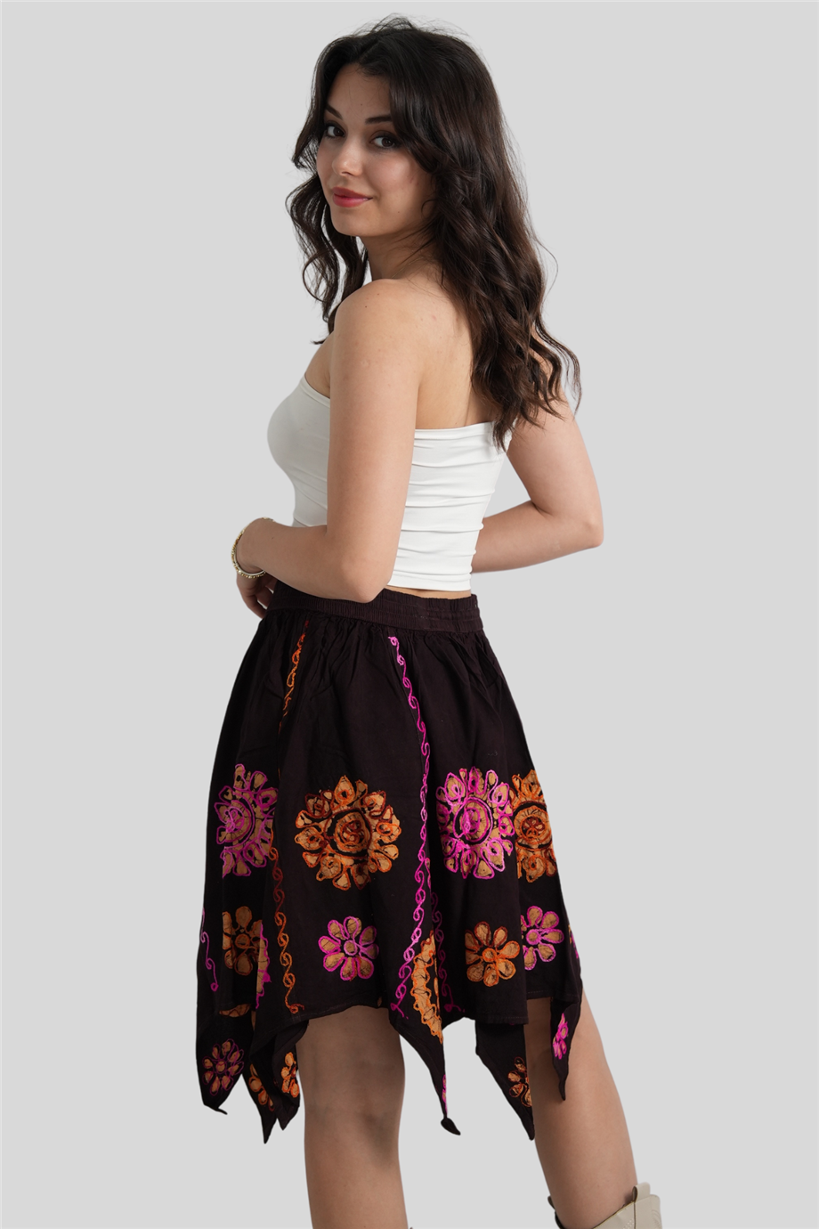 Kahverengi Çiçek Desenli Hint Etek