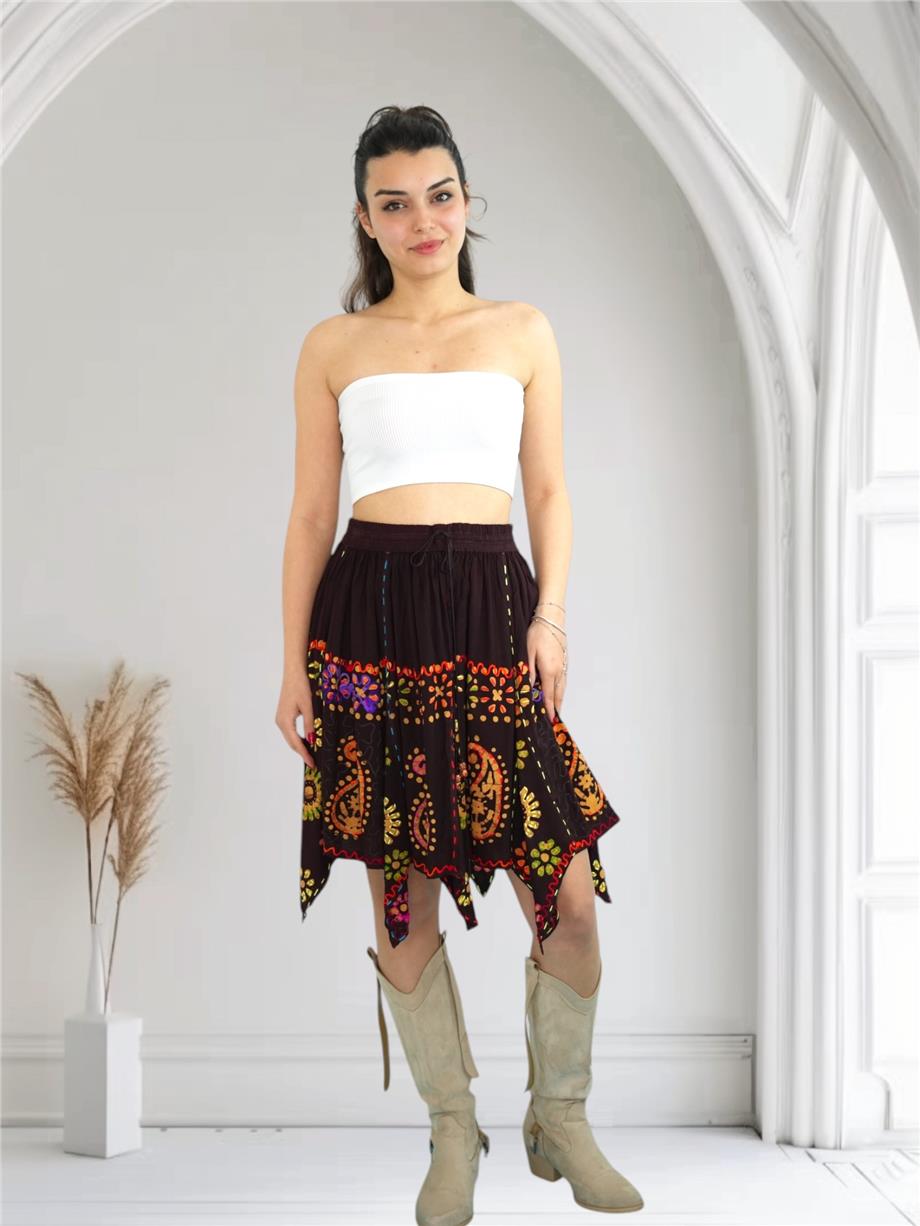 Kahverengi Nakışlı Hint Etek