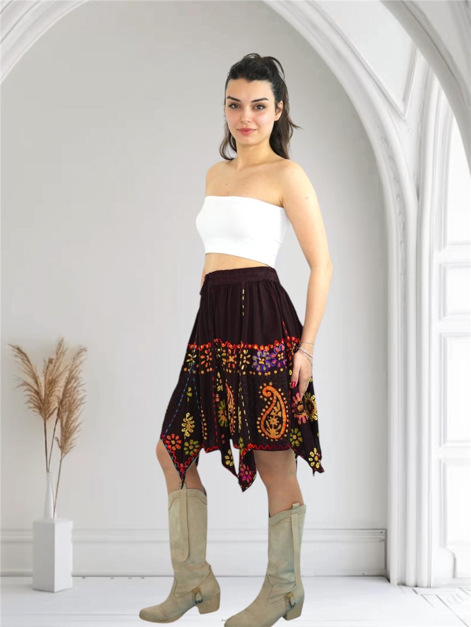 Kahverengi Nakışlı Hint Etek