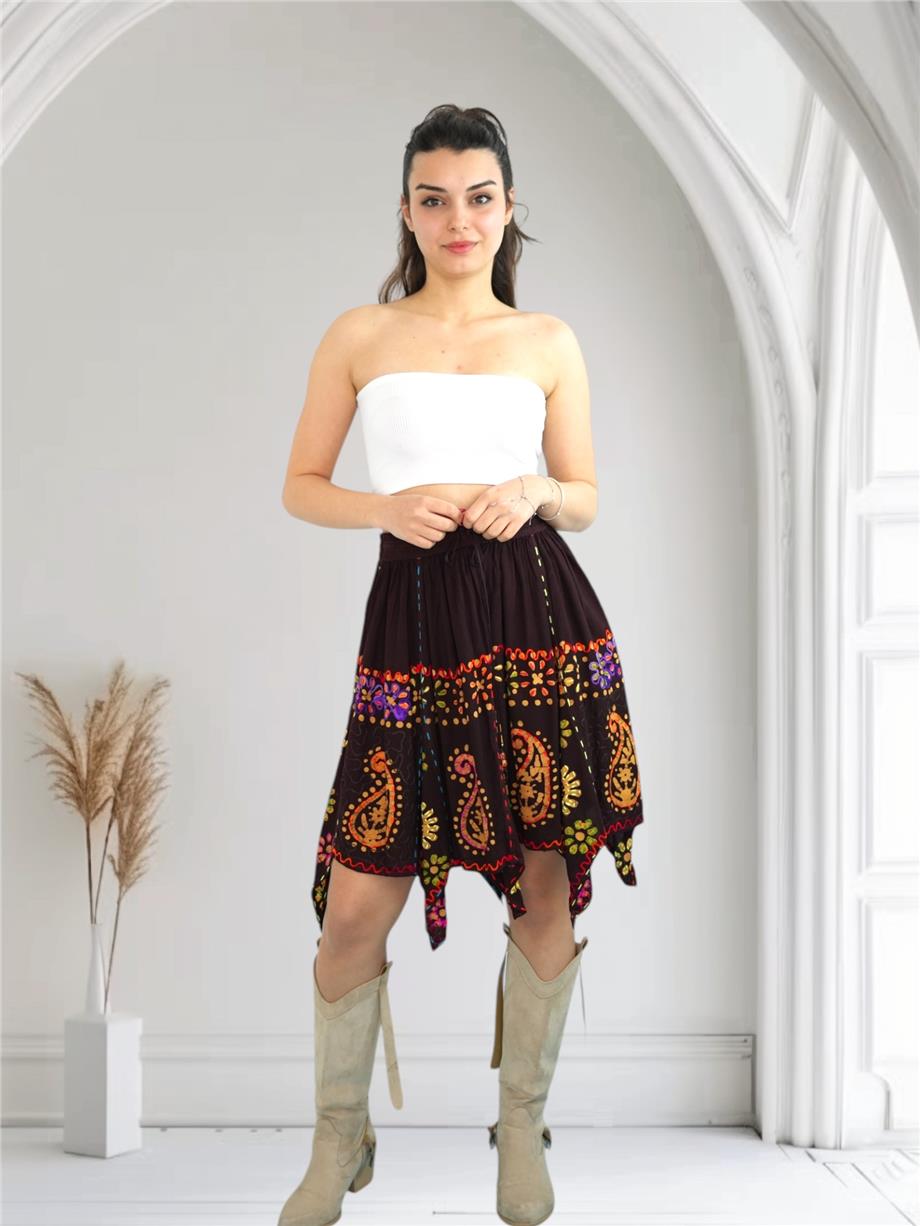 Kahverengi Nakışlı Hint Etek