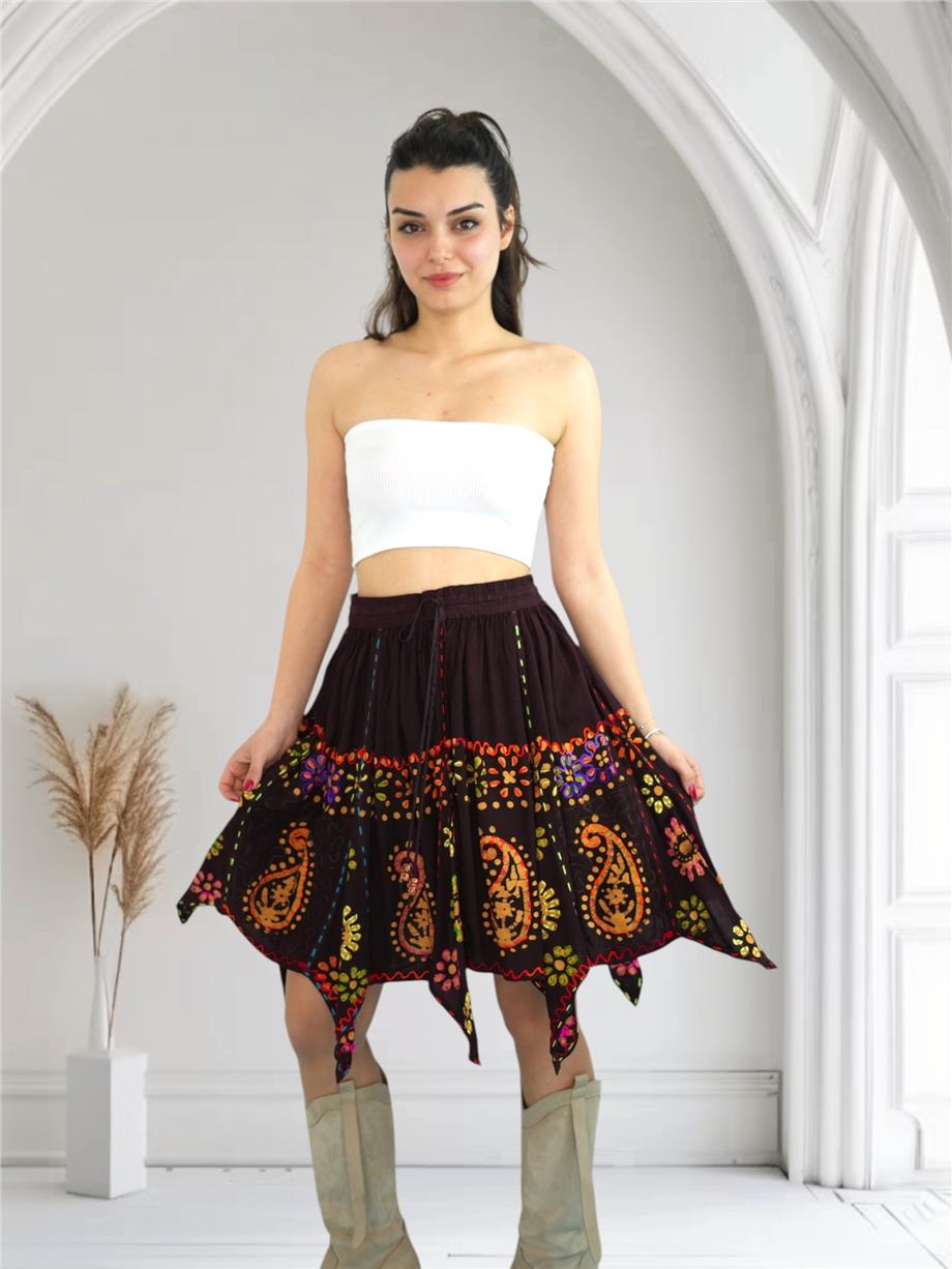 Kahverengi Nakışlı Hint Etek