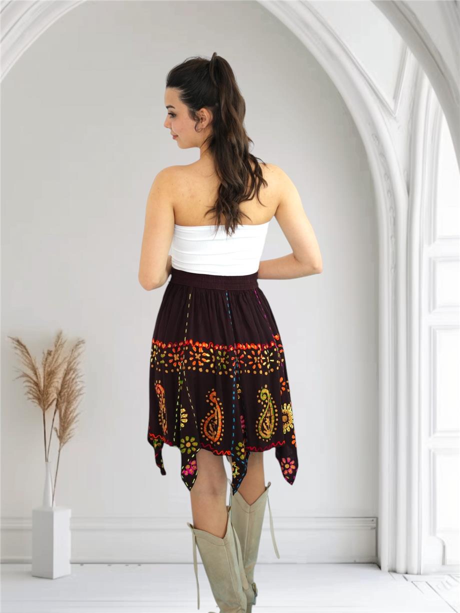 Kahverengi Nakışlı Hint Etek