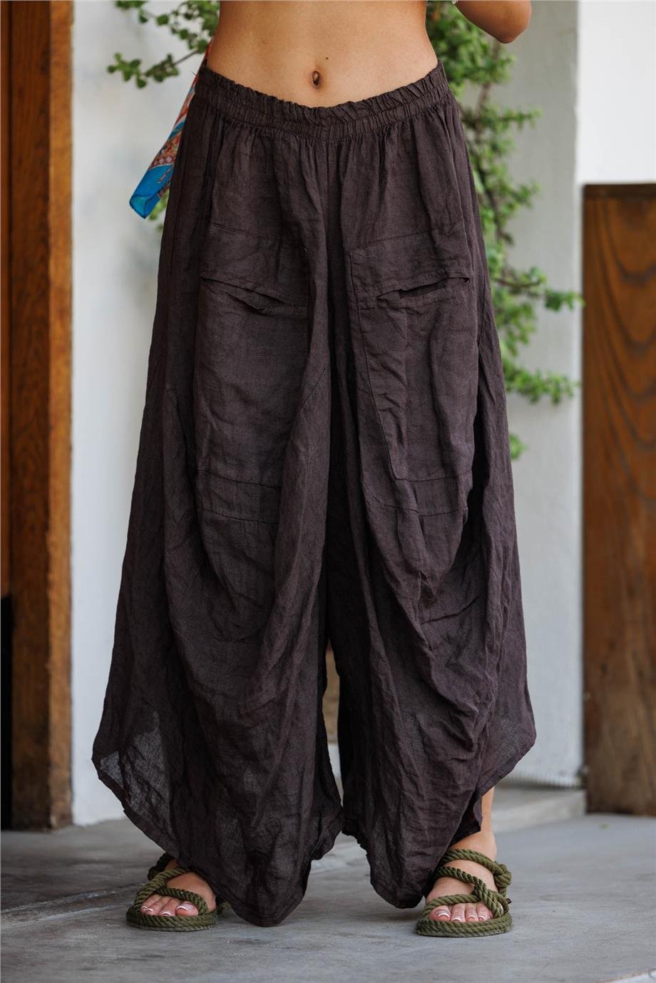 Kahverengi Önü Uzun Arkası Kısa Cep Detaylı İtalyan Keten Şalvar