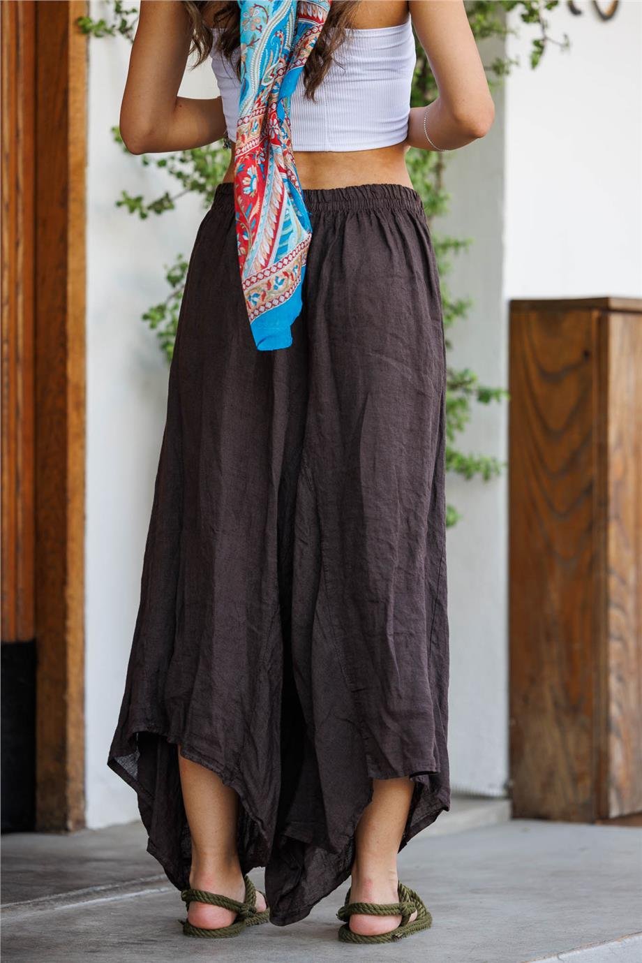 Kahverengi Önü Uzun Arkası Kısa Cep Detaylı İtalyan Keten Şalvar