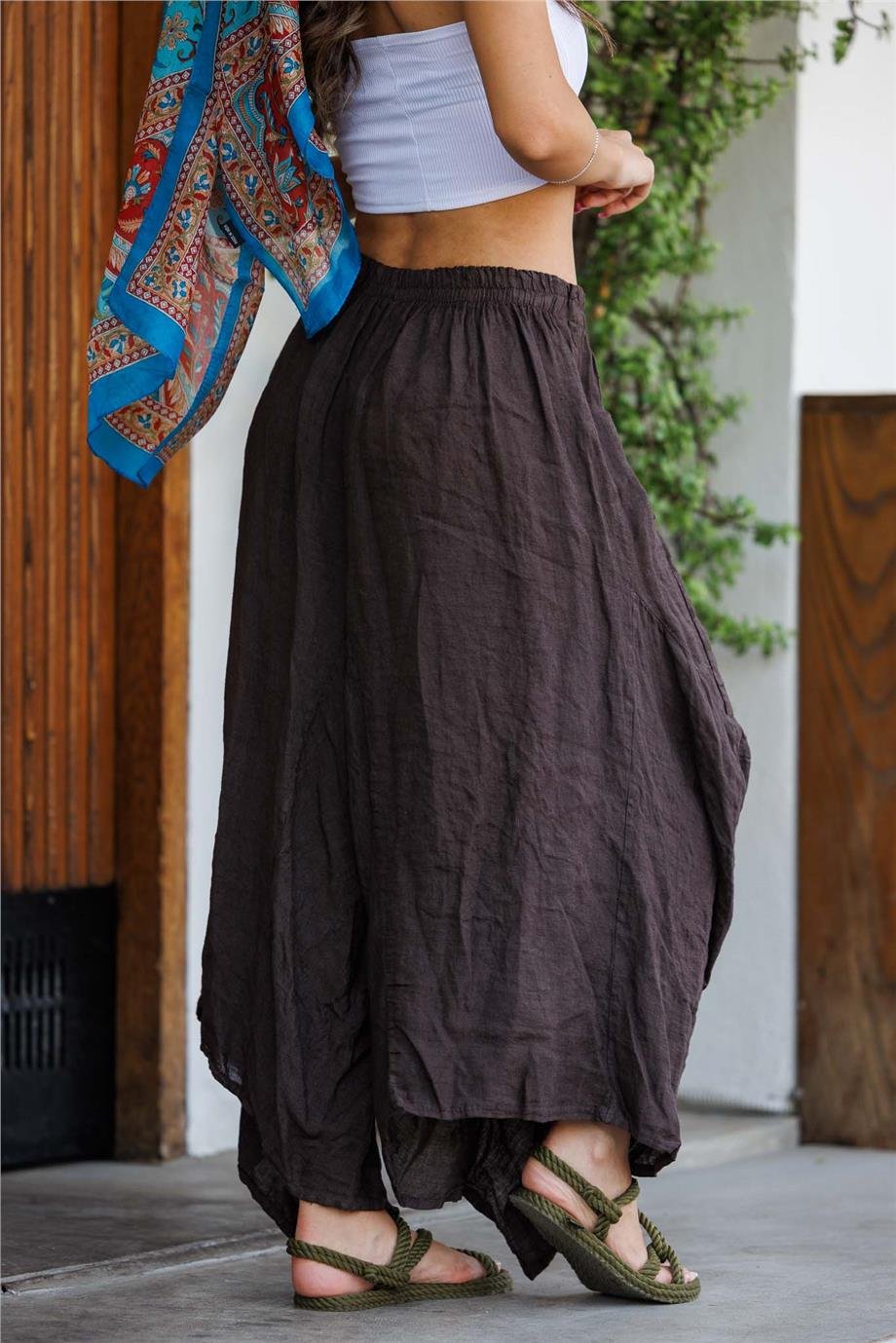 Kahverengi Önü Uzun Arkası Kısa Cep Detaylı İtalyan Keten Şalvar