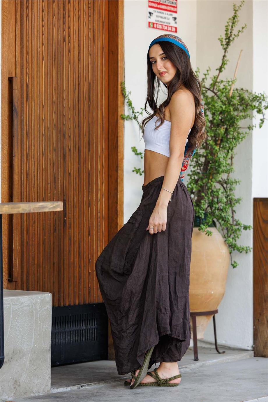 Kahverengi Önü Uzun Arkası Kısa Cep Detaylı İtalyan Keten Şalvar