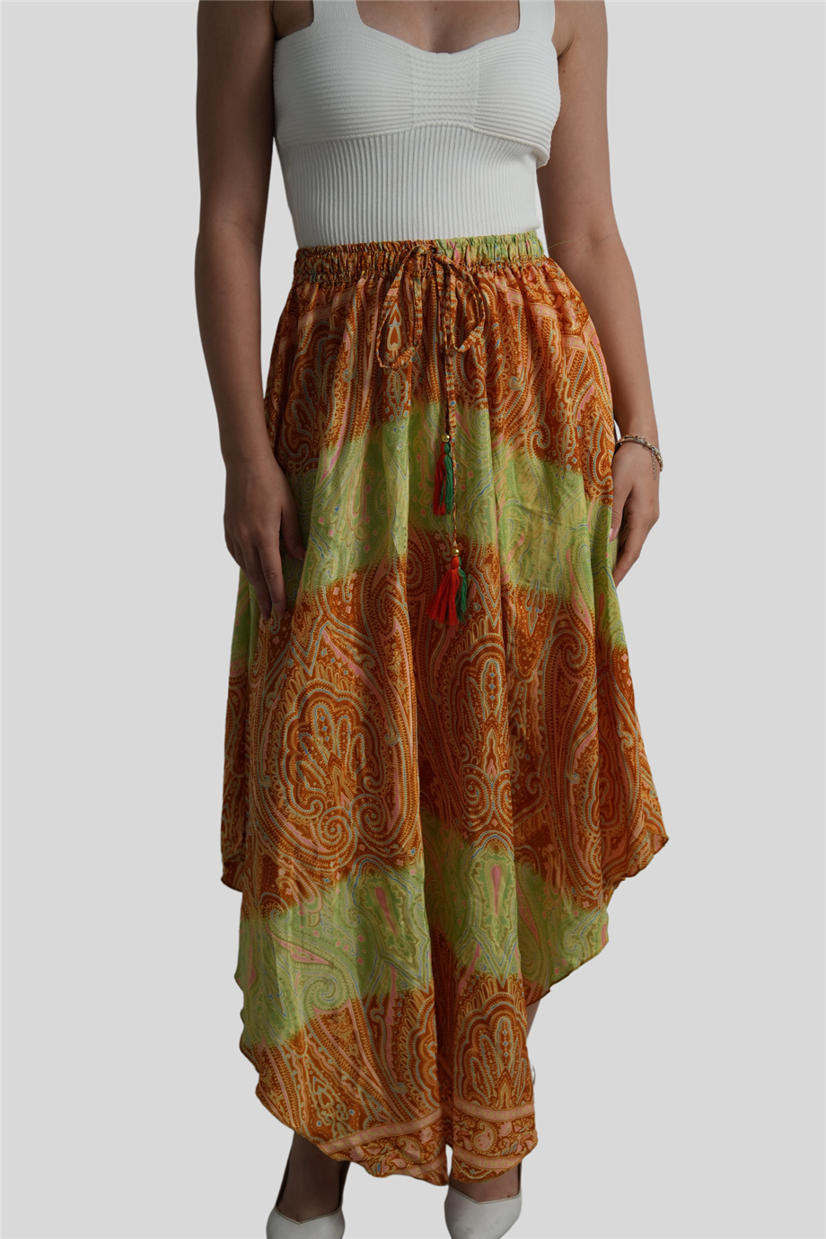 Kiremit Renk Gold Detaylı İpek Uzun Etek