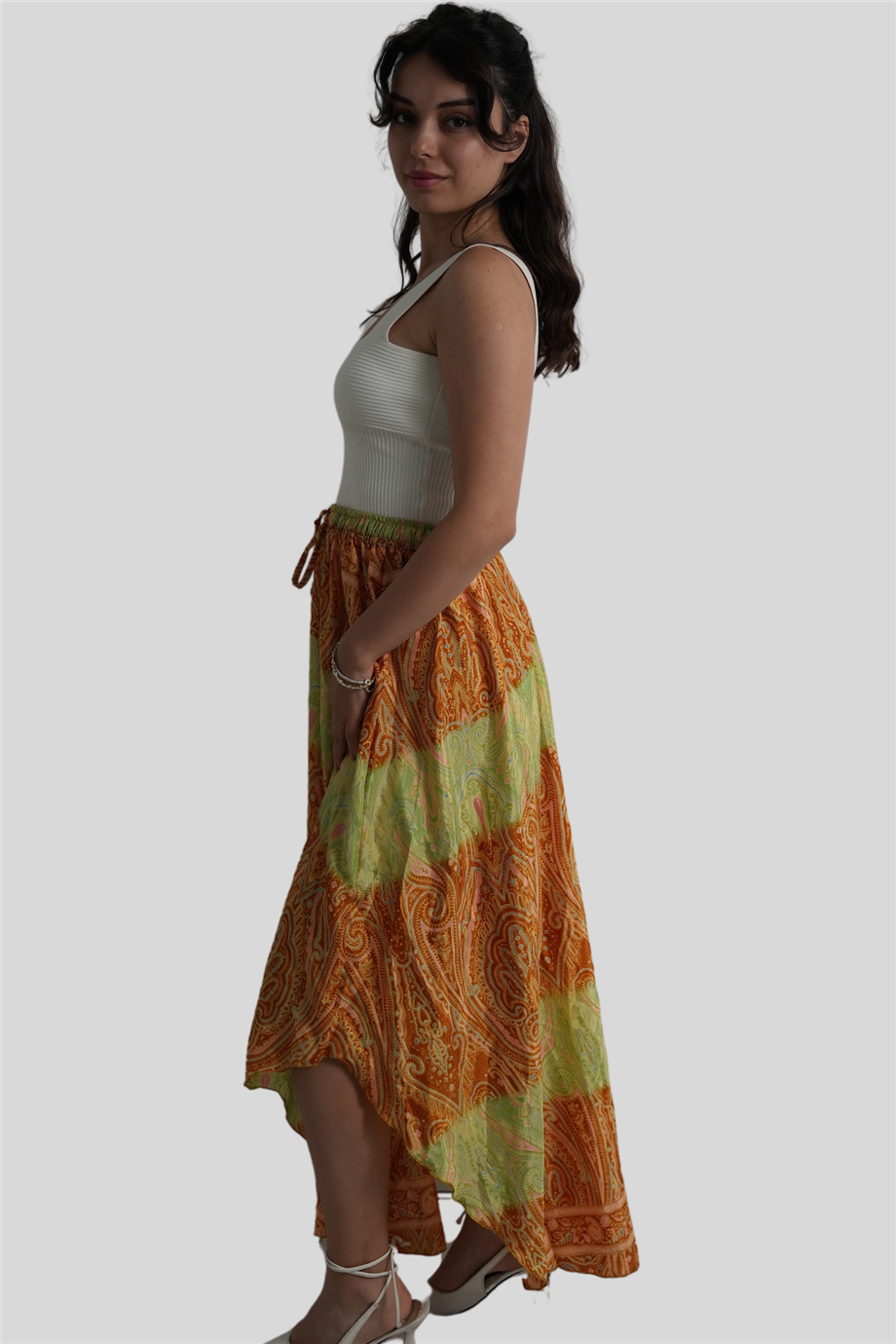 Kiremit Renk Gold Detaylı İpek Uzun Etek