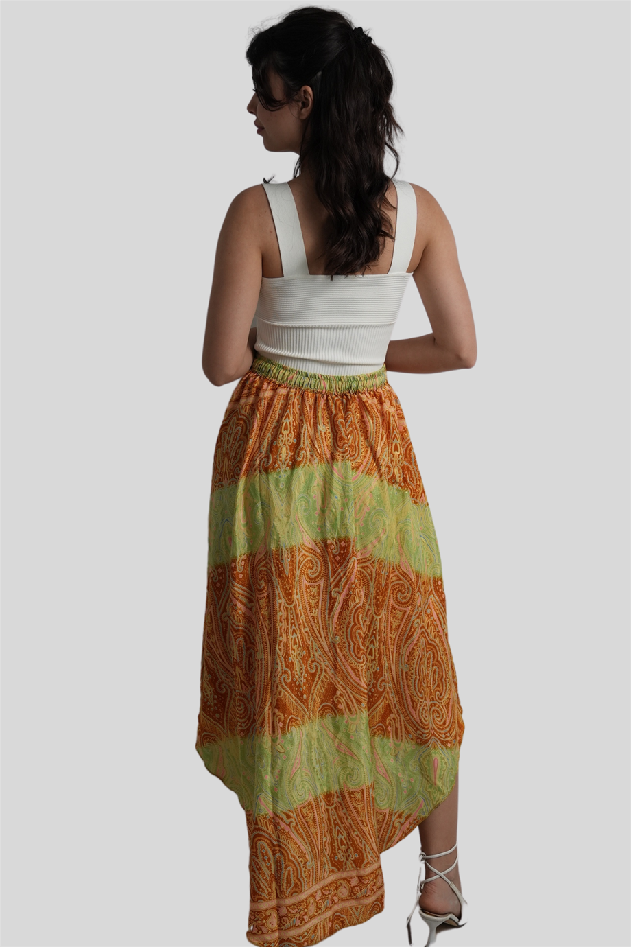 Kiremit Renk Gold Detaylı İpek Uzun Etek