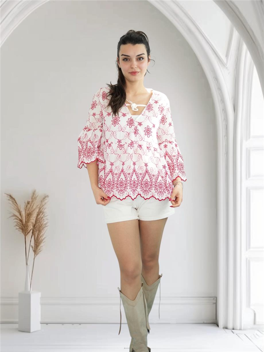 Kırmızı Brode Detaylı Bluz