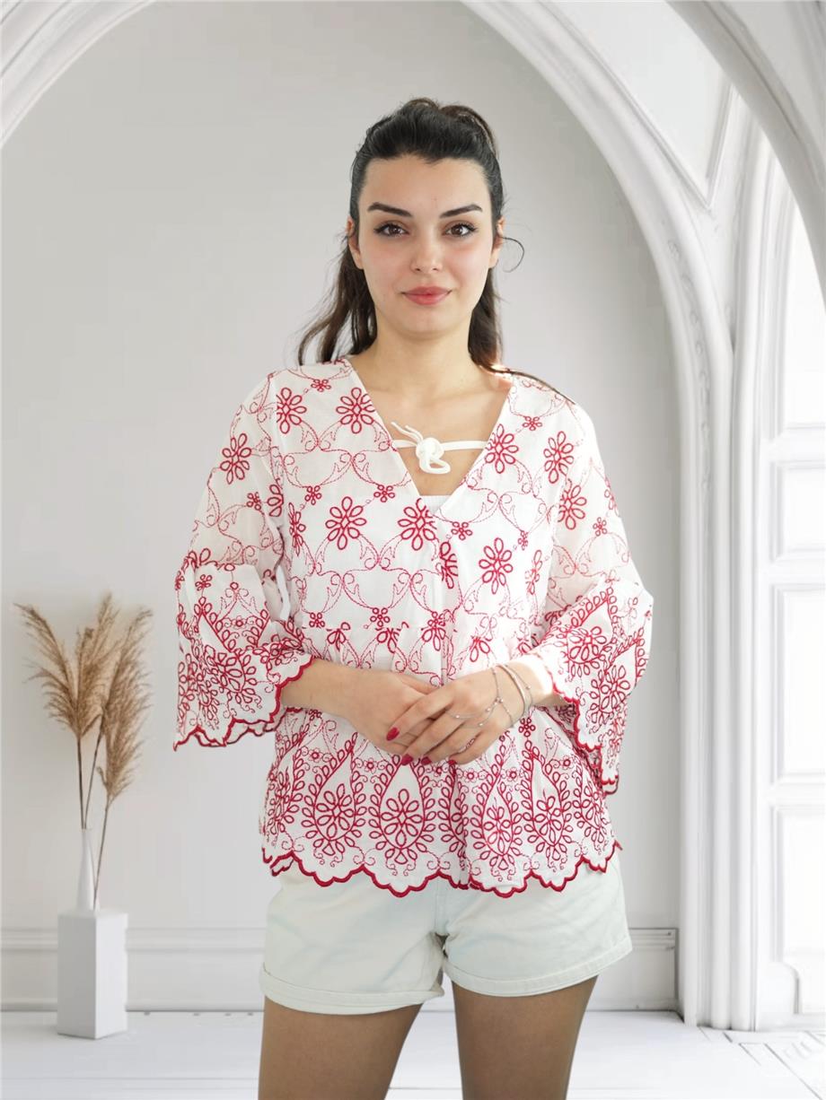 Kırmızı Brode Detaylı Bluz