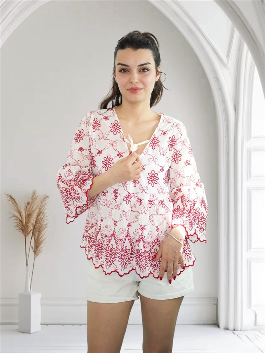 Kırmızı Brode Detaylı Bluz