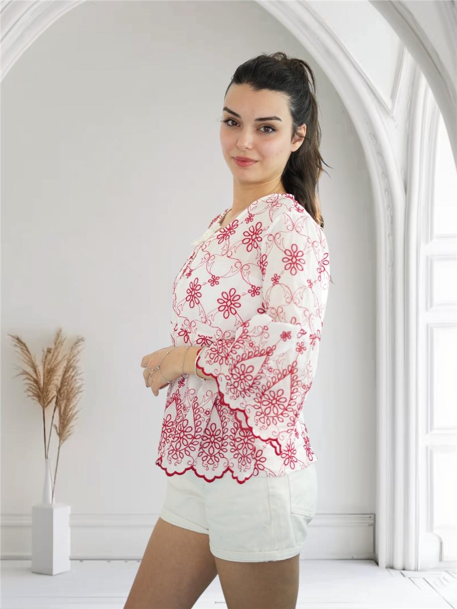 Kırmızı Brode Detaylı Bluz