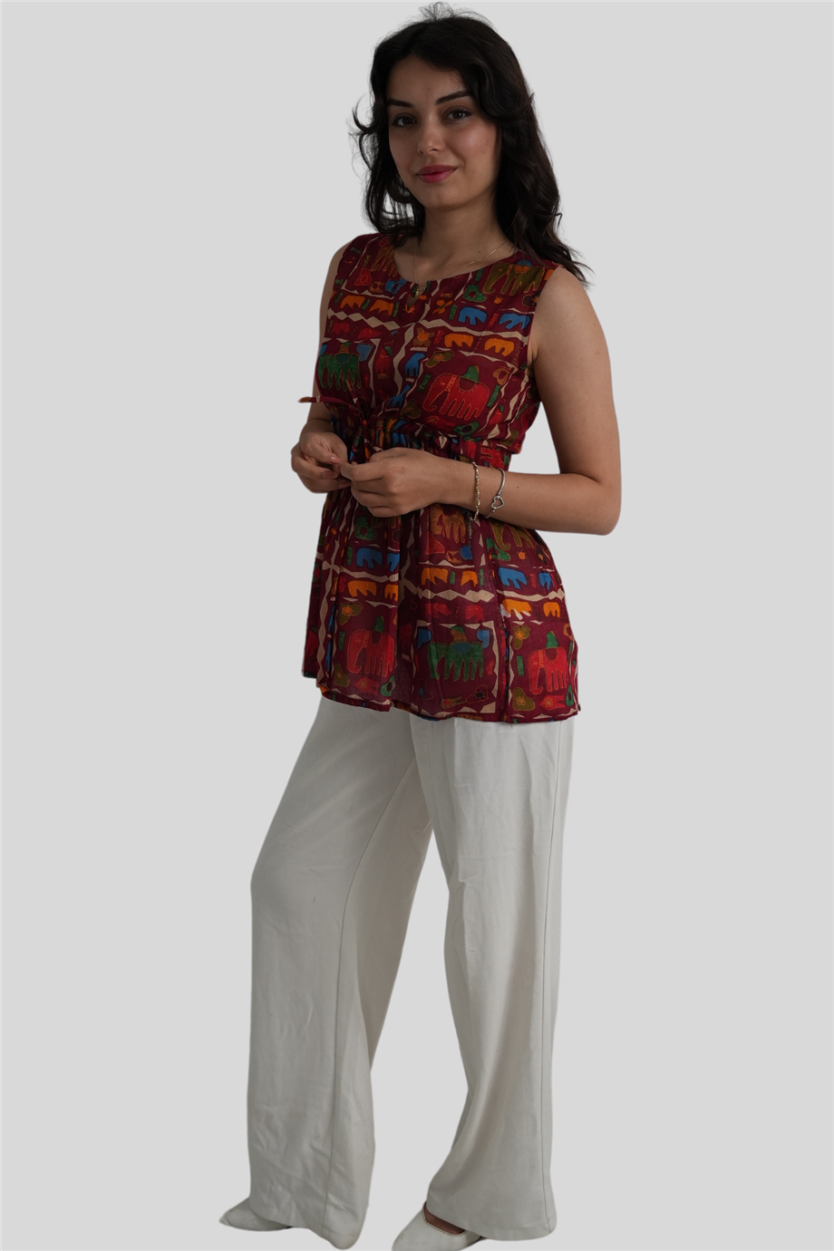 Kırmızı Fil Desenli Bohem Bluz