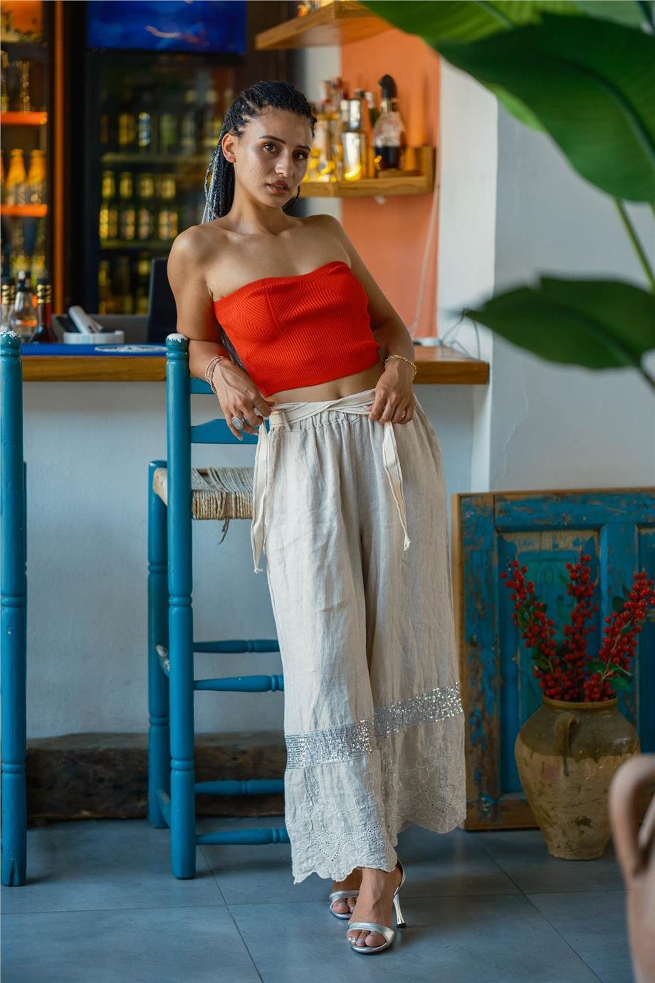 Kırmızı Renk Straplez Crop Bluz