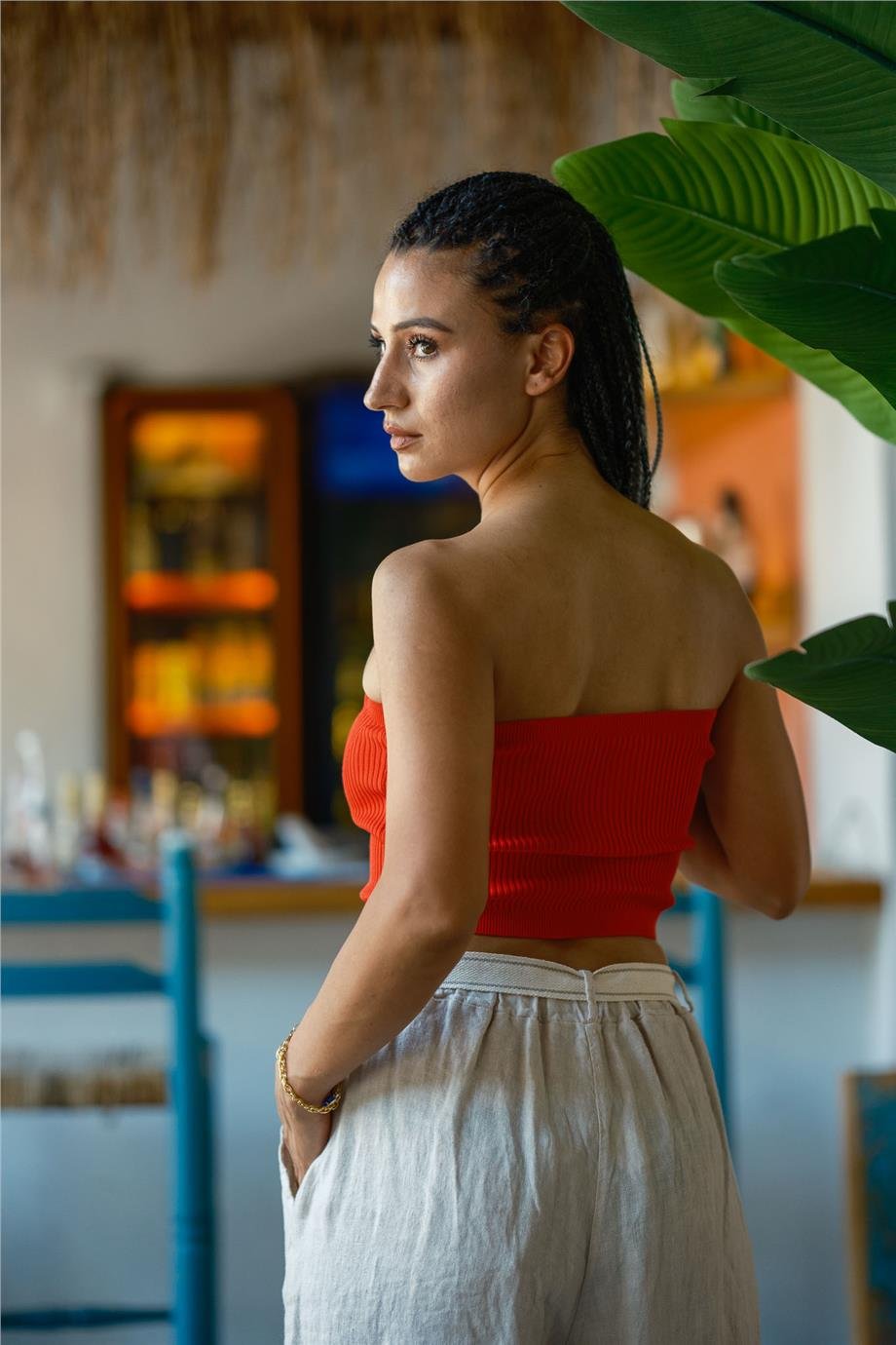 Kırmızı Renk Straplez Crop Bluz