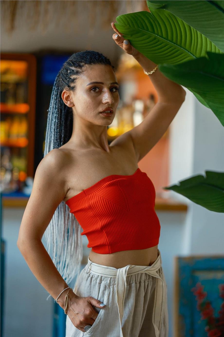 Kırmızı Renk Straplez Crop Bluz