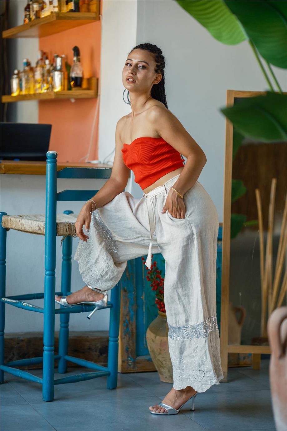 Kırmızı Renk Straplez Crop Bluz