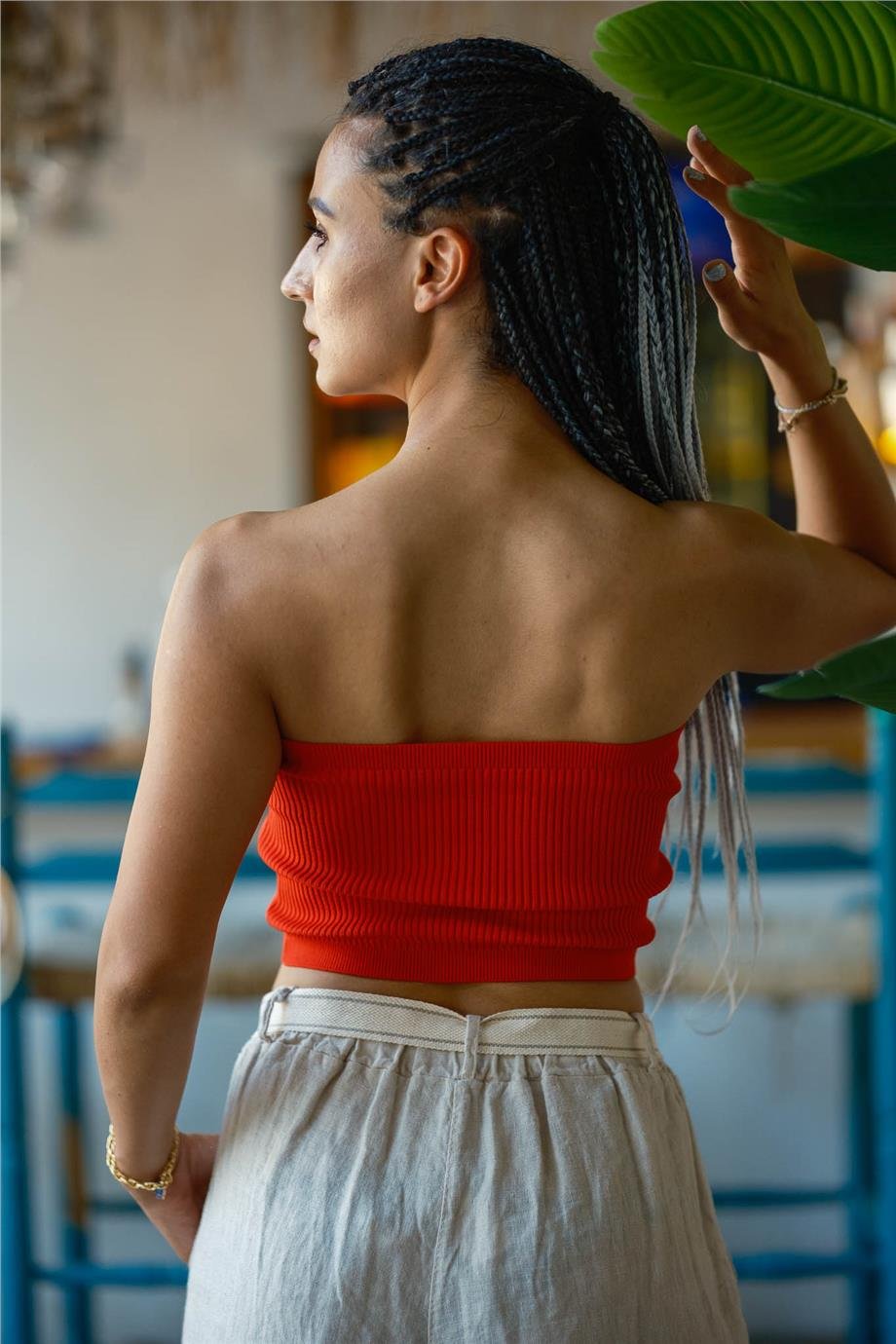 Kırmızı Renk Straplez Crop Bluz