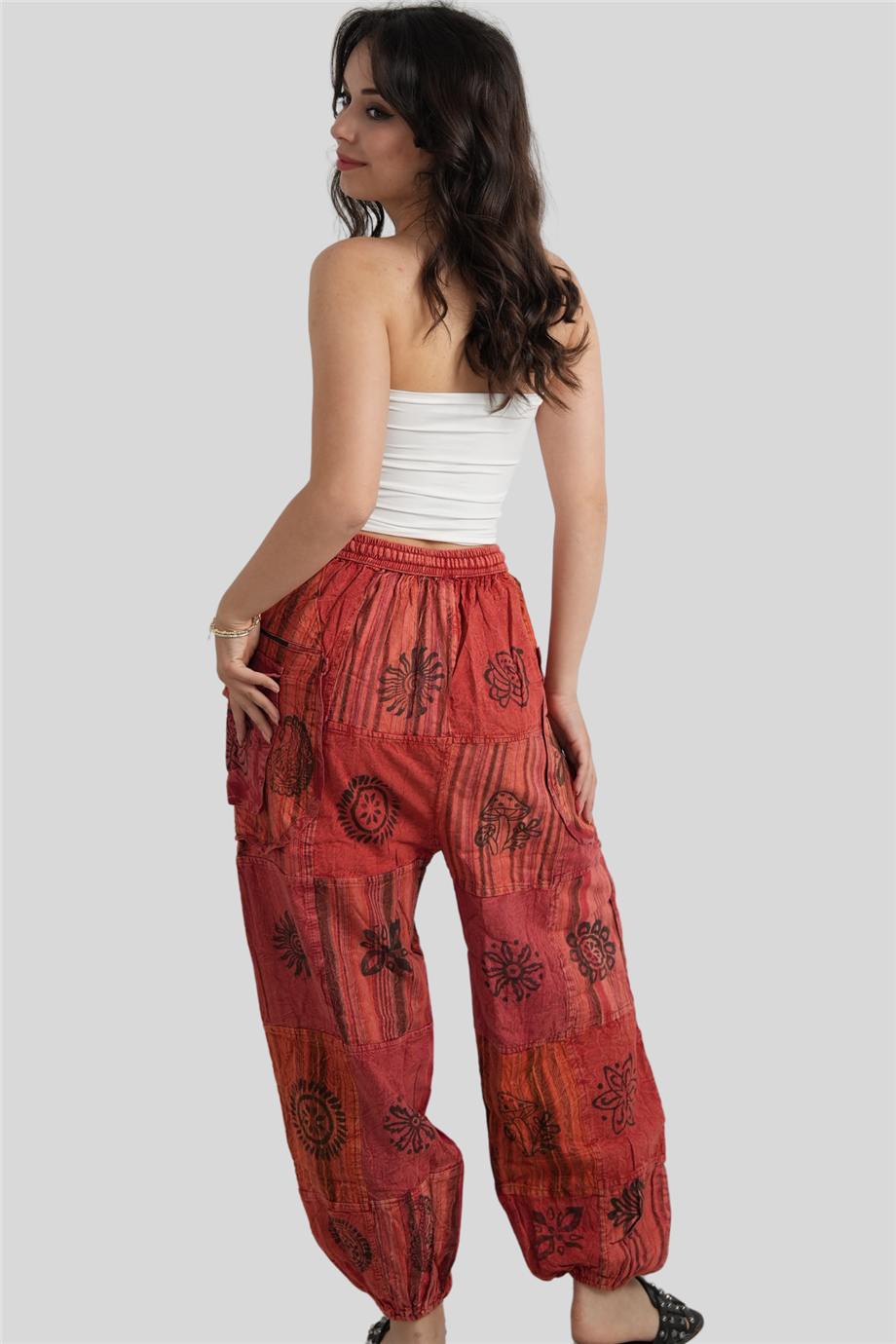 Kırmızı Unisex Bohem Nepal Cepli Fermuar Detaylı Pantolon