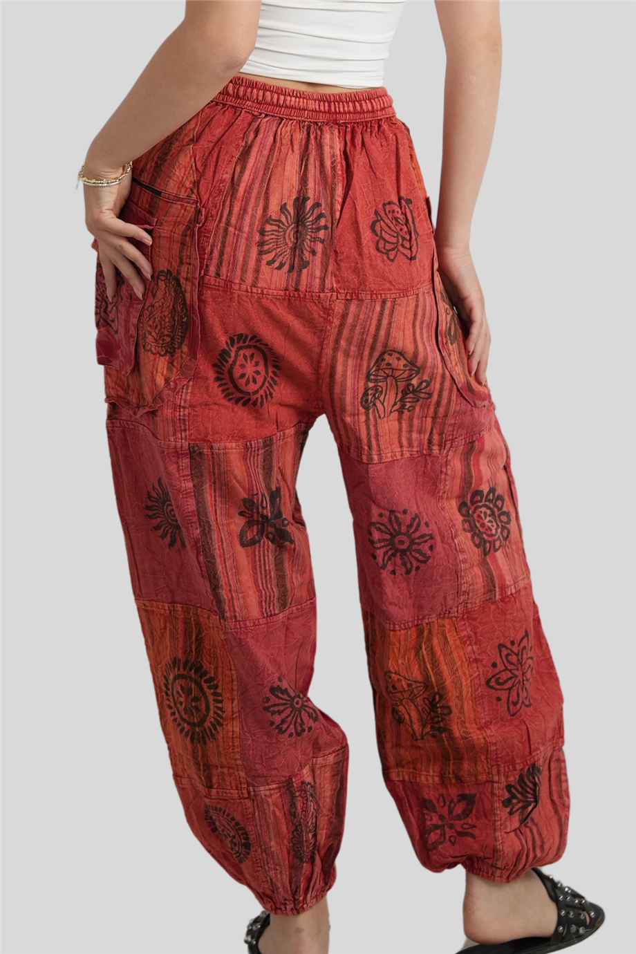 Kırmızı Unisex Bohem Nepal Cepli Fermuar Detaylı Pantolon