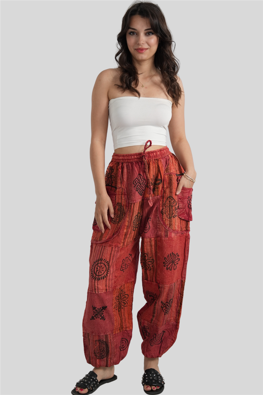 Kırmızı Unisex Bohem Nepal Cepli Fermuar Detaylı Pantolon