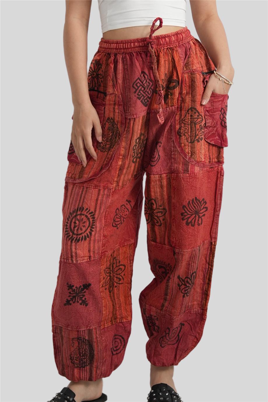 Kırmızı Unisex Bohem Nepal Cepli Fermuar Detaylı Pantolon