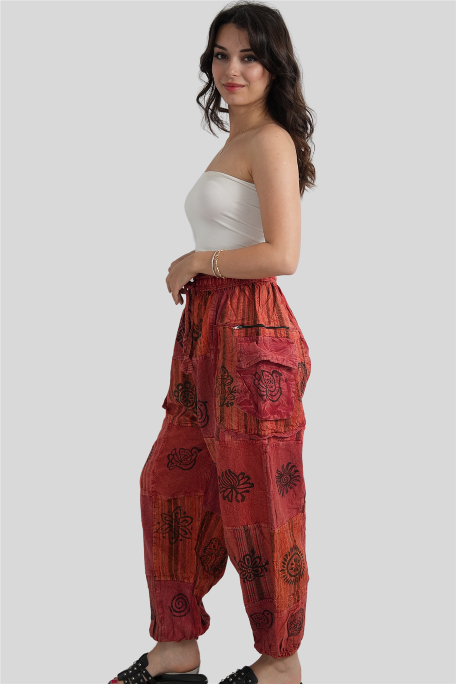Kırmızı Unisex Bohem Nepal Cepli Fermuar Detaylı Pantolon