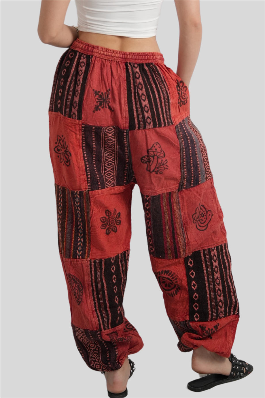 Kırmızı Unisex Kilim İşlemeli Bohem Nepal Patchwork Pantolon