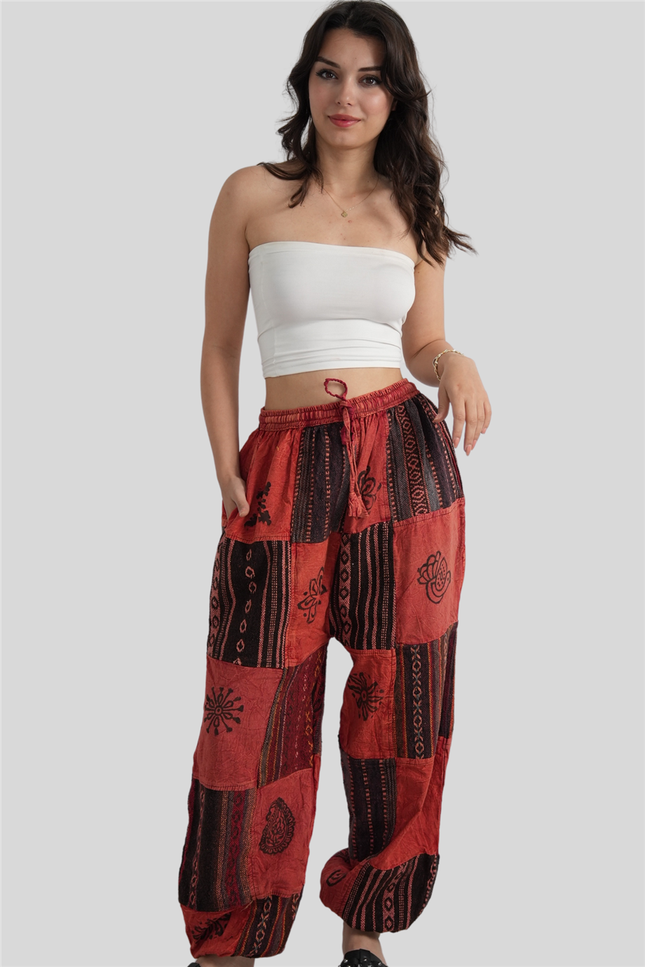 Kırmızı Unisex Kilim İşlemeli Bohem Nepal Patchwork Pantolon