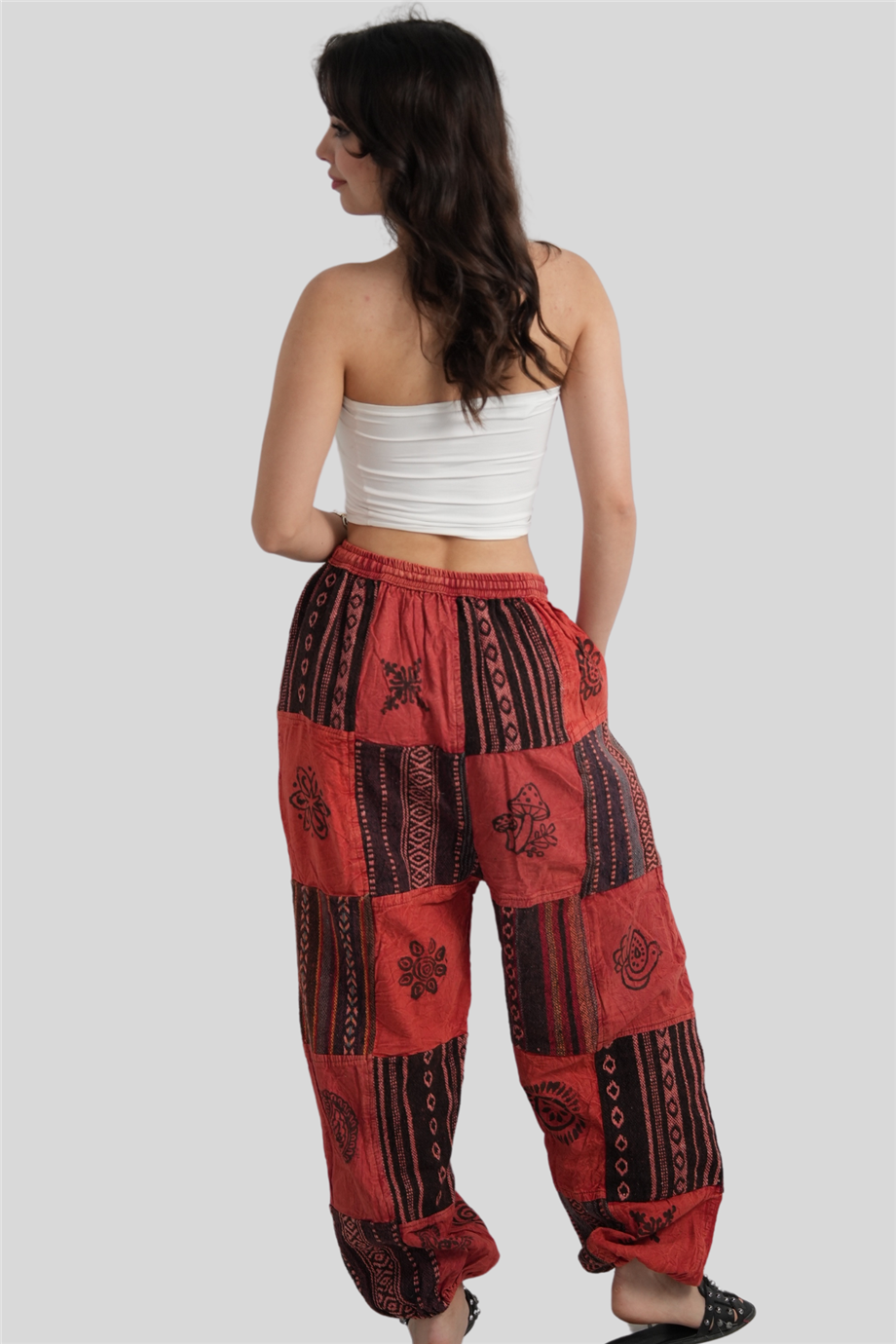 Kırmızı Unisex Kilim İşlemeli Bohem Nepal Patchwork Pantolon