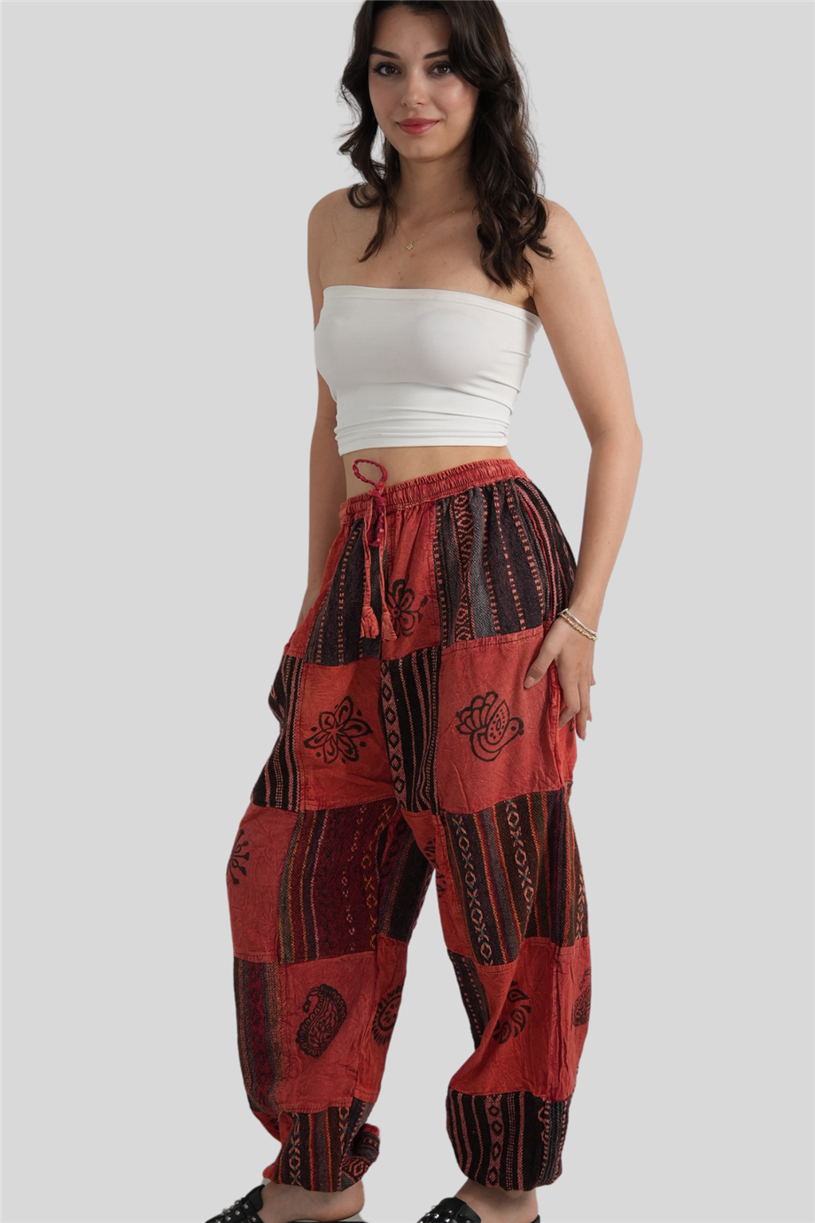 Kırmızı Unisex Kilim İşlemeli Bohem Nepal Patchwork Pantolon