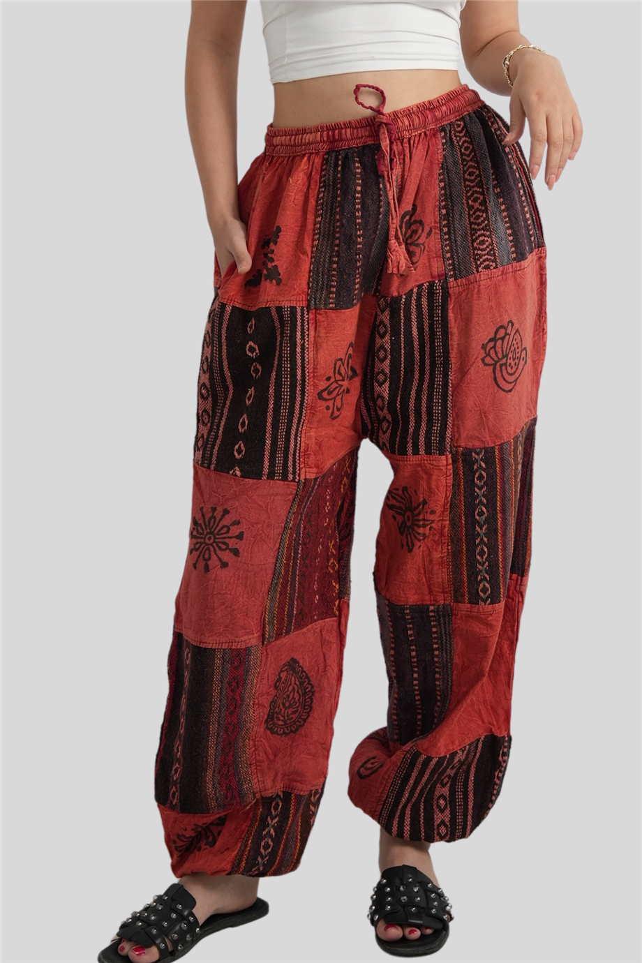 Kırmızı Unisex Kilim İşlemeli Bohem Nepal Patchwork Pantolon