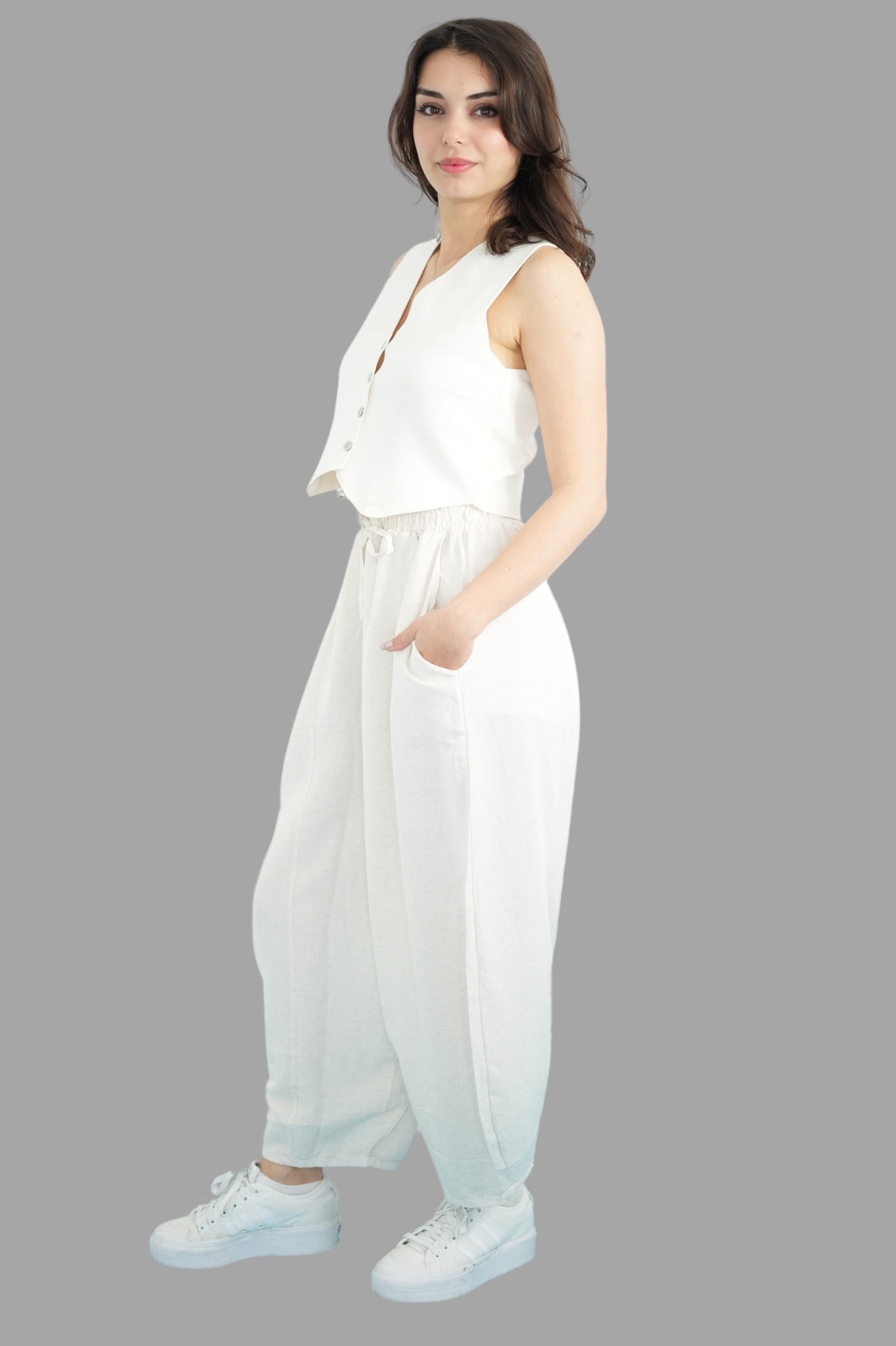 Krem Beli Lastikli Salaş Pantolon