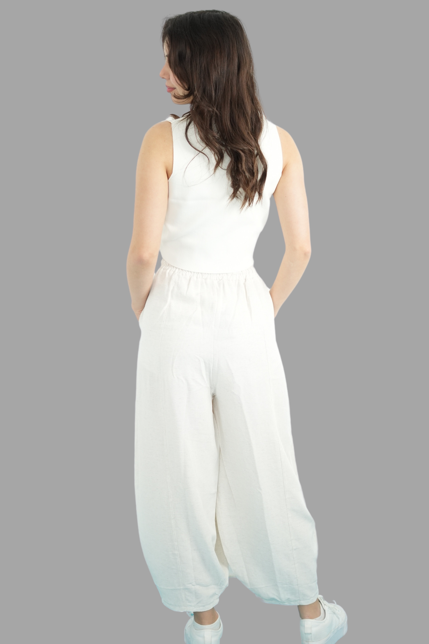 Krem Beli Lastikli Salaş Pantolon