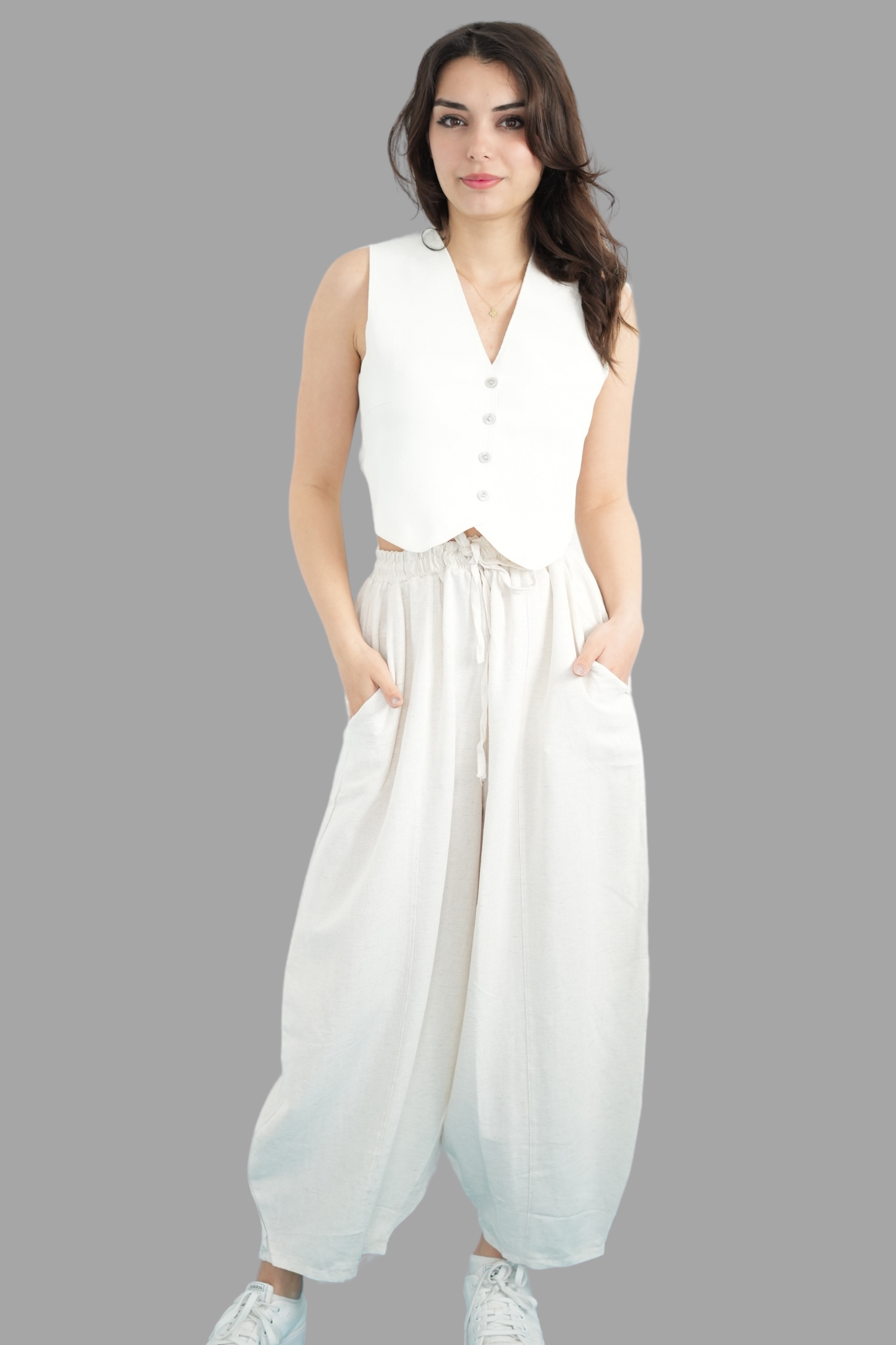 Krem Beli Lastikli Salaş Pantolon