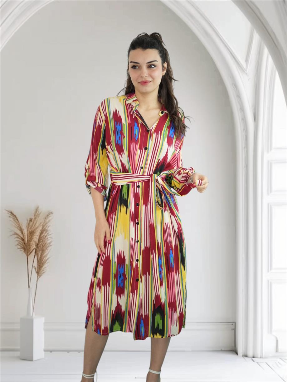 Krem İkat Desenli Düğme Detaylı Elbise