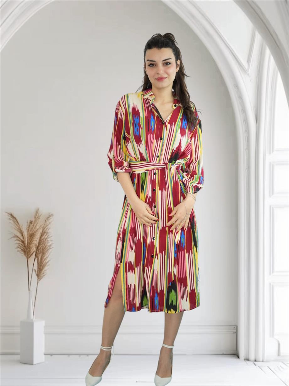 Krem İkat Desenli Düğme Detaylı Elbise