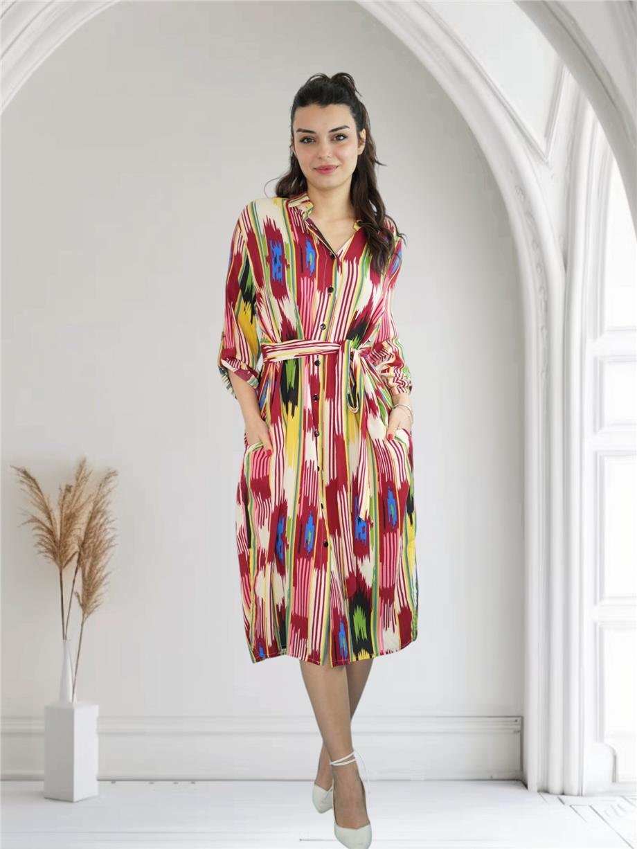 Krem İkat Desenli Düğme Detaylı Elbise