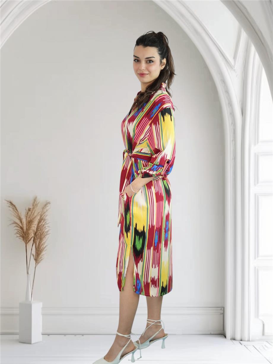 Krem İkat Desenli Düğme Detaylı Elbise