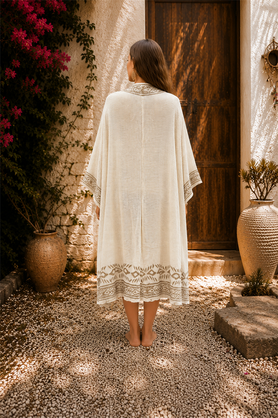 Krem Renk Otantik Baskılı File Kimono