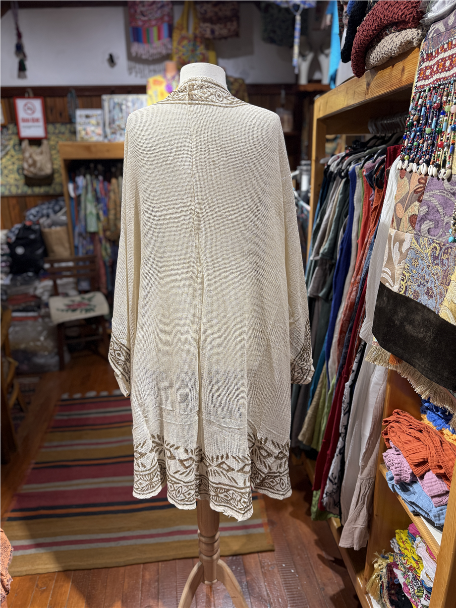 Krem Renk Otantik Baskılı File Kimono