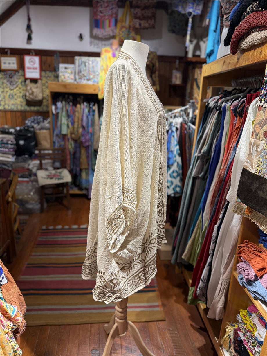 Krem Renk Otantik Baskılı File Kimono