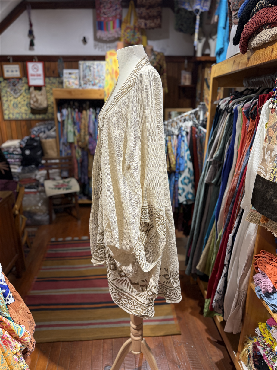 Krem Renk Otantik Baskılı File Kimono