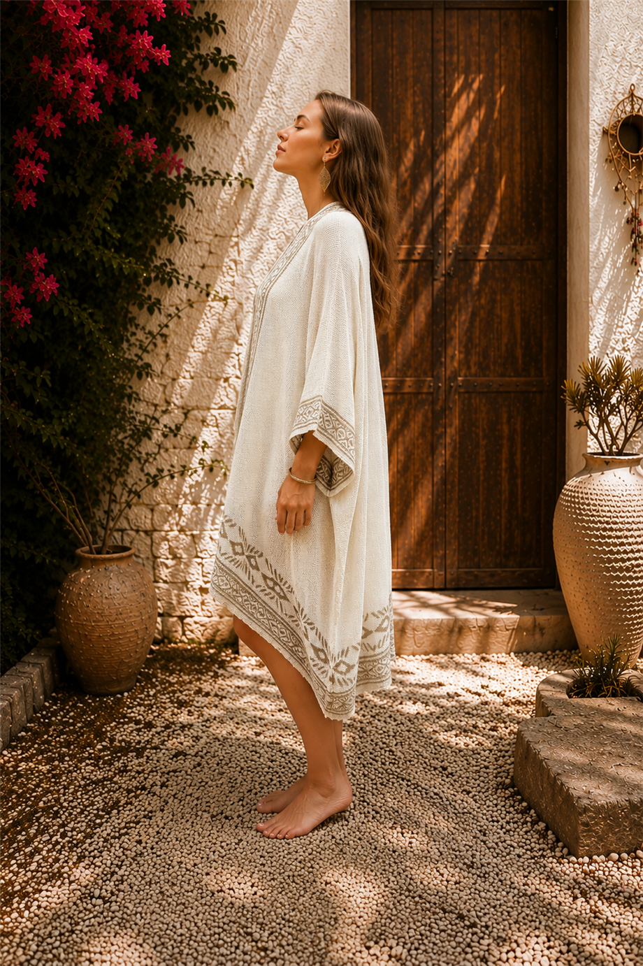 Krem Renk Otantik Baskılı File Kimono