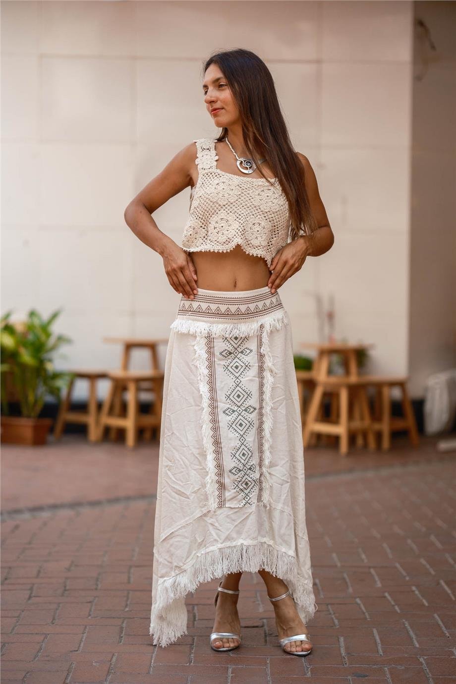 Krem Renk Püskül Detaylı Bohem Etek